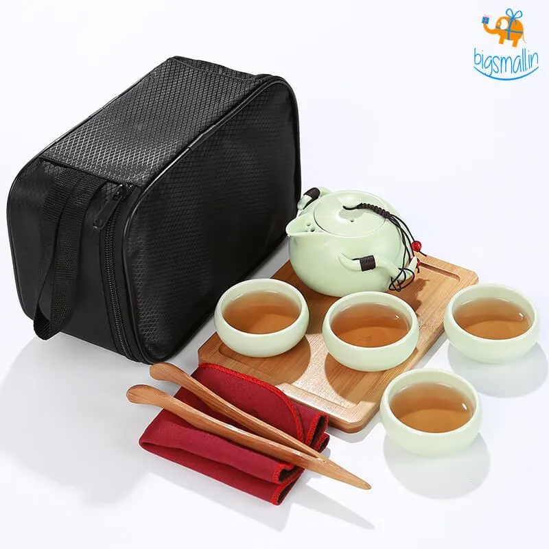 Portable Japanese Tea Set With Wooden Tray