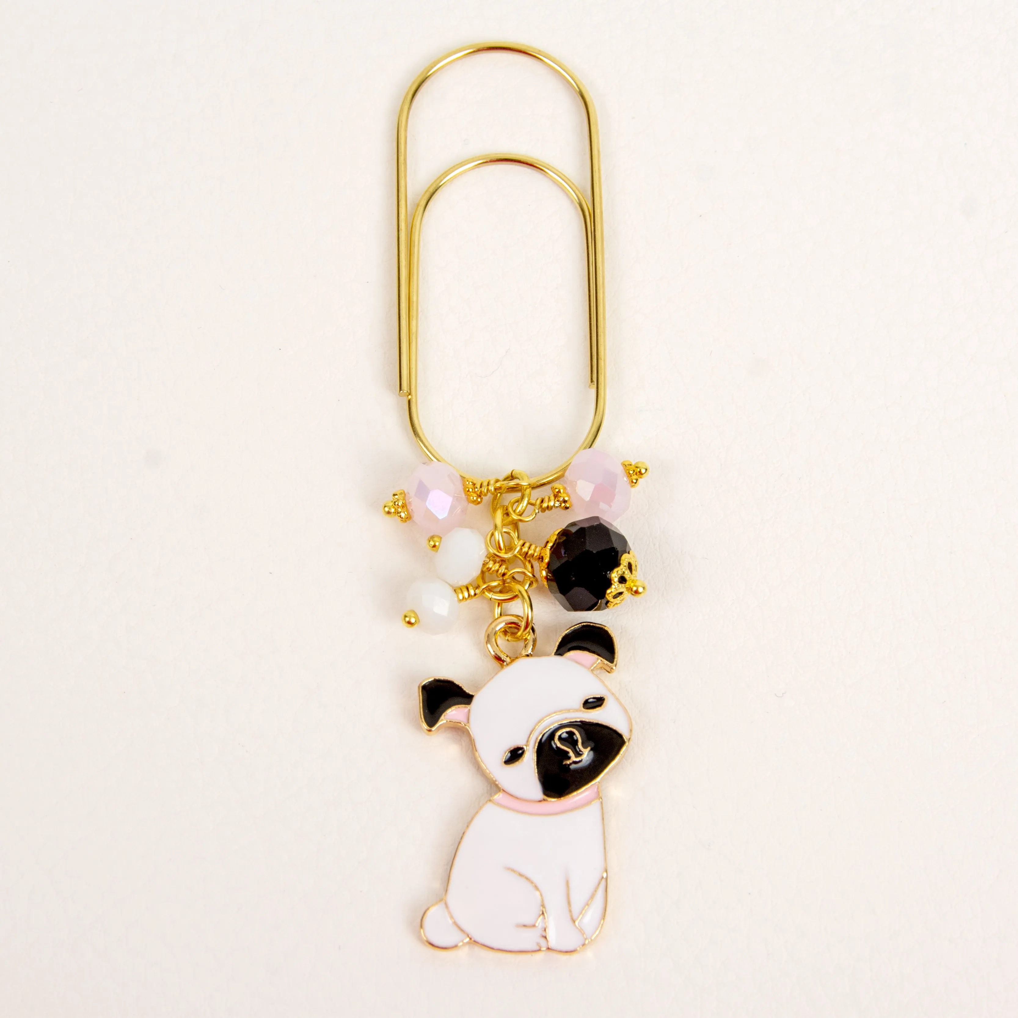 Pug Dog Dangle Clip or Charm with Black, Pink and White Crystals