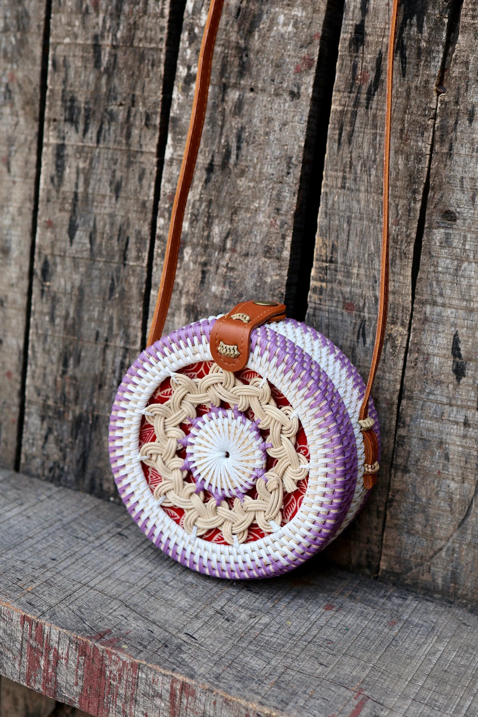 Round Rattan Bag with Braid Pattern, Bali Bags, Handwoven Crossbody Purse, Braided Straw Bag, Bali Sling Bags Rattan Bags Gift for her