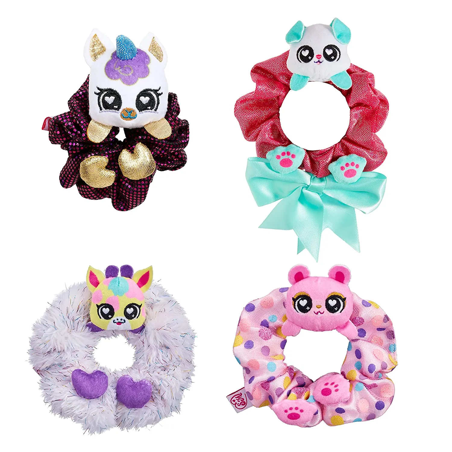 Scrunchmiez 4 Pack Party Friendz Pack, 4 Exclusive That Magically Transform from Hair Scrunchie to Cute Plush