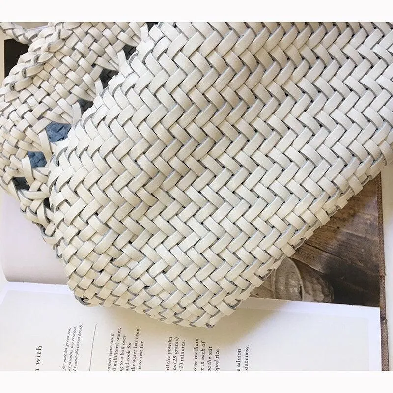 White Genuine Leather Hand Woven Cuboid Shaped Ladies TOTE, Open Rattan Woven Triple Jump Bamboo Ladies Hobo Holiday Bag, Beach Basket Bag