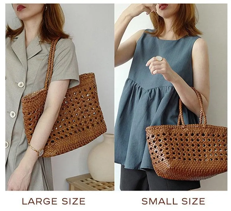 White Genuine Leather Hand Woven Cuboid Shaped Ladies TOTE, Open Rattan Woven Triple Jump Bamboo Ladies Hobo Holiday Bag, Beach Basket Bag