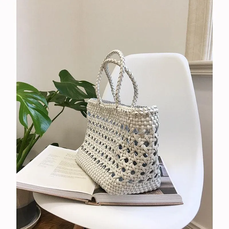 White Genuine Leather Hand Woven Cuboid Shaped Ladies TOTE, Open Rattan Woven Triple Jump Bamboo Ladies Hobo Holiday Bag, Beach Basket Bag