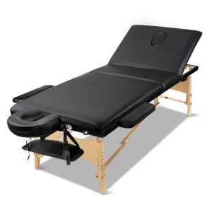 Zenses Massage Table 75cm Portable 3 Fold Wooden Beauty Bed Black